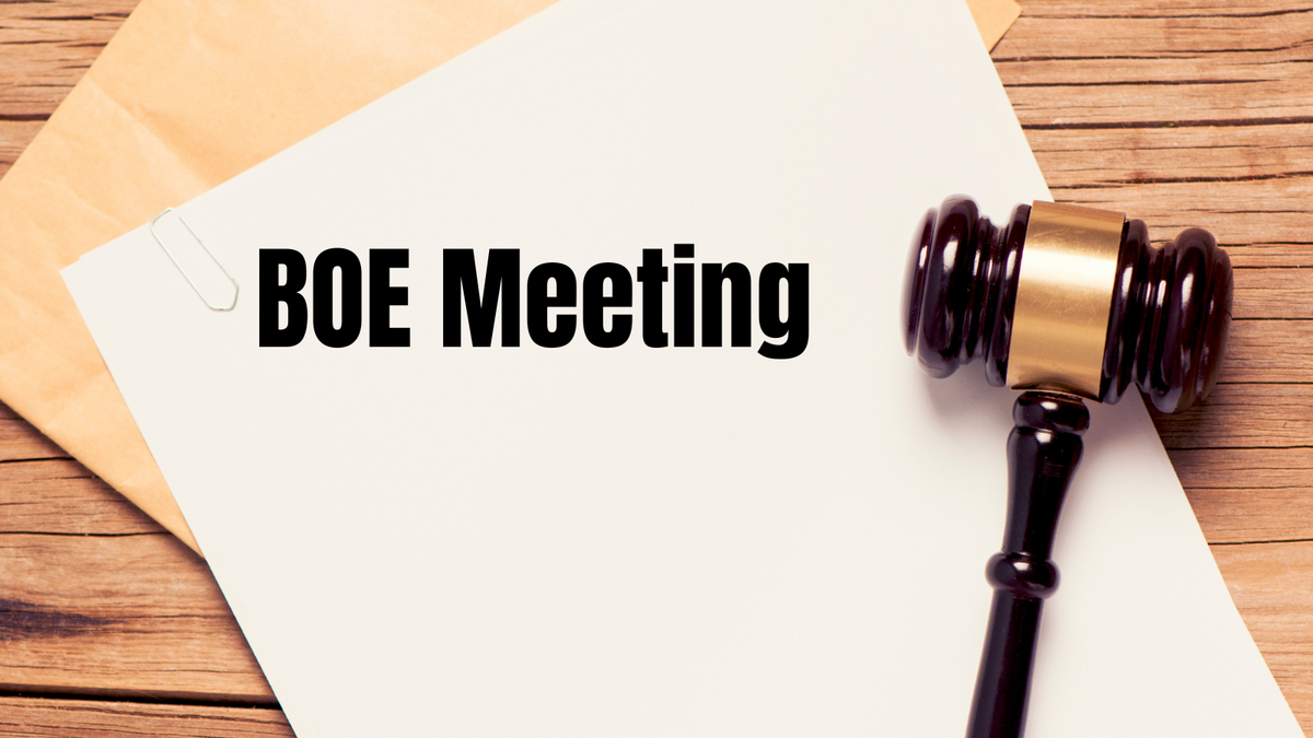 gavel - "BOE Meeting" , links to meeting info and schedule webpage